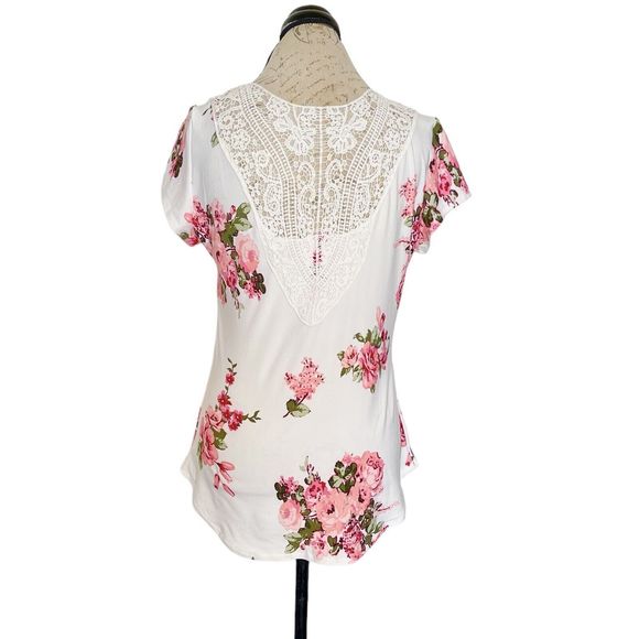 No Boundaries Blouse Size Large Size 11-13 Floral Short Sleeve Crochet Cut Out - Picture 3 of 12